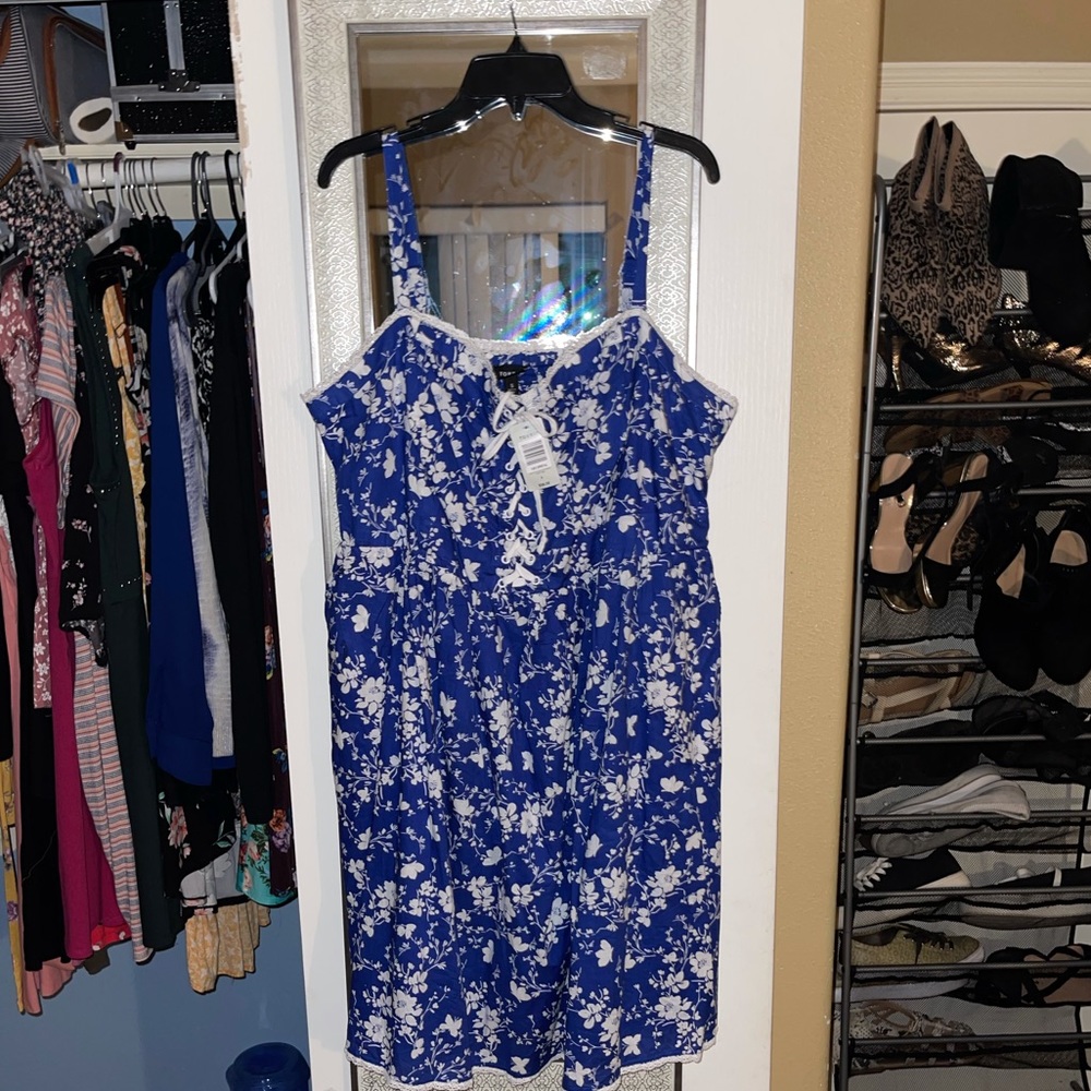 Torrid Blue and White Floral Dress with Pockets